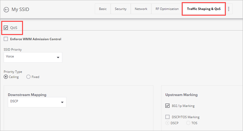 Screen shot of the Traffic & QoS section of an SSID Profile with the QoS options